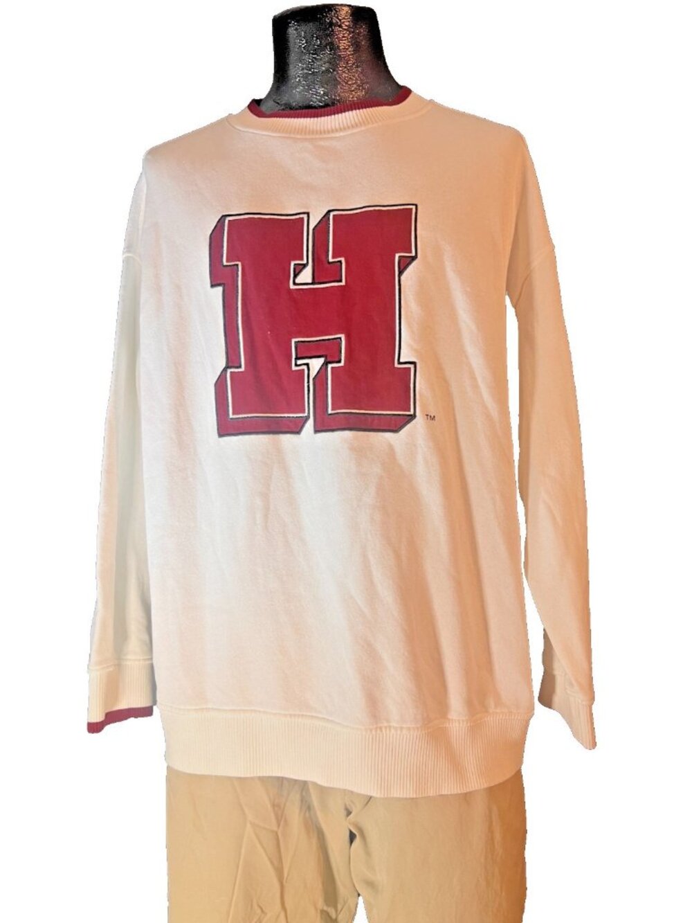 HM Divided Harvard Sweatshirt Mens Small White Crimson Graphic Sleeve Pullover